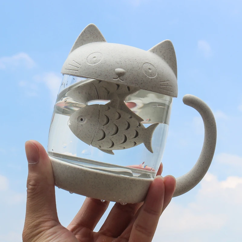 Новинка кофейная кружка Kawaii Cat Fish креативная стеклянная чайная с фильтром и
