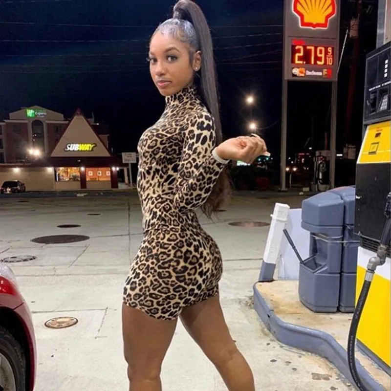 ANJAMANOR Cheetah Print Sexy Rompers Playsuit Fall Clothes for Women Clubwear High Neck Long Sleeve Bodycon Jumpsuit D83-I62