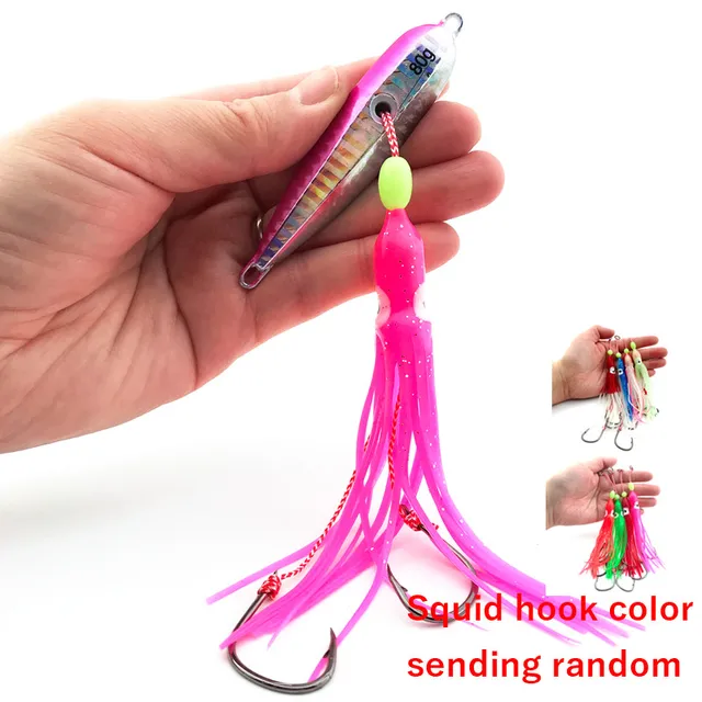inchiku Squid Octopus lure 40g 60g 80g 100g Bottomship Sinking Slow Metal Jig Head Skirt Hook Saltwater Fishing Marlin Lure Bait Color E with hook