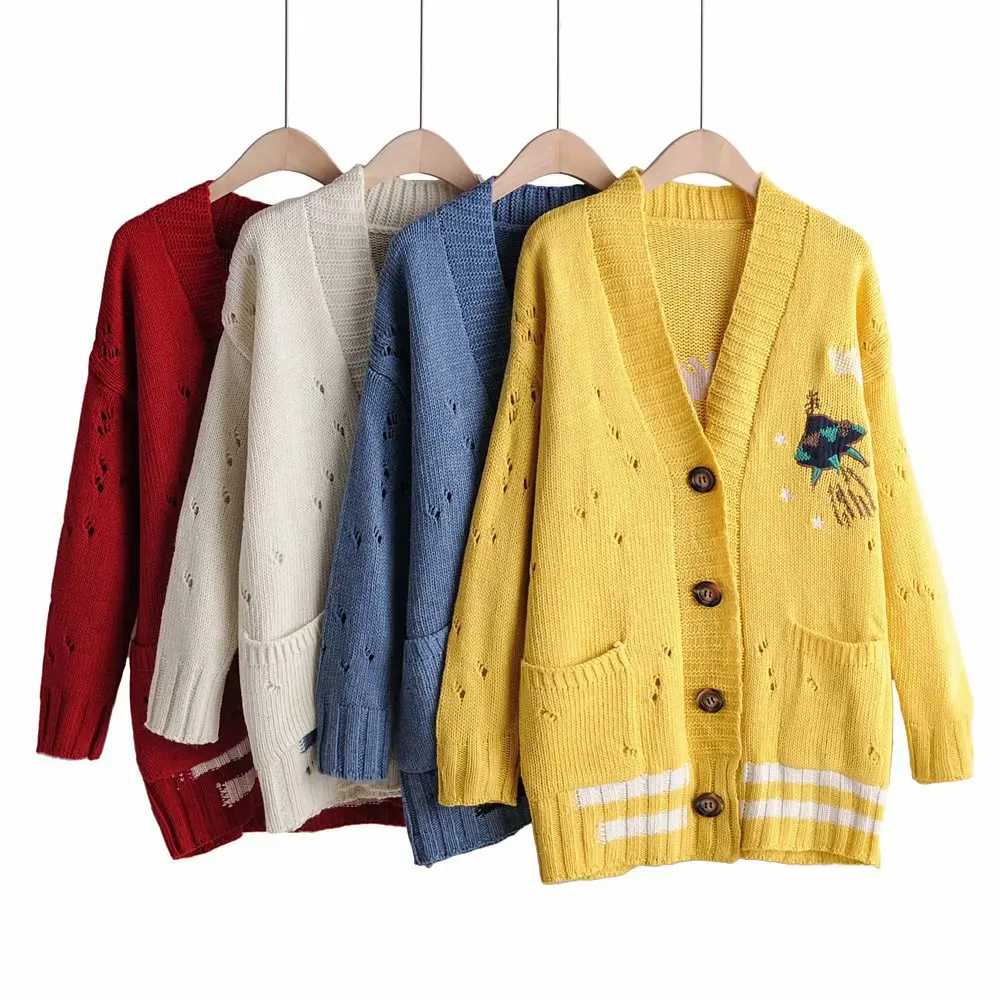 

Women Clothes 2019 Autumn and Winter Clothes Women V-neck Hole Embroidery Cardigan Women Sweater Women Casaco Feminino