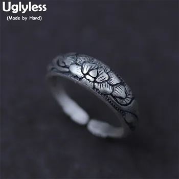 

Uglyless Real S990 Fine Silver Jewelry for Women China Style Peony Flower Handmade Open Rings Engraved Floral Ethnic Finger Ring