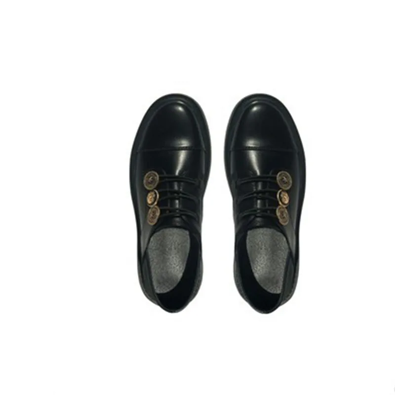 Designer Metal medal oxfords woman flats derby round toe thick heels loafers brogue elastic band small leather shoes women