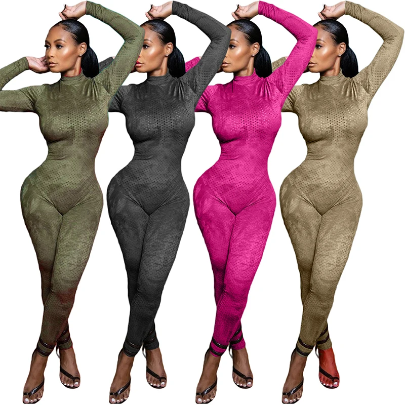 

2020 Autumn Winter Tie Dye Gauze Mesh Hollow Out Jumpsuit Women Sexy One Piece Overall Turtleneck Rompers For Party Night Club
