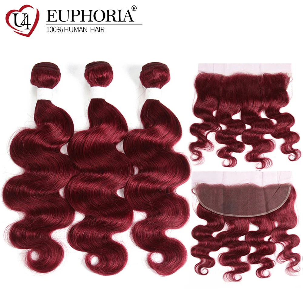 Объемная волна, фронтальная часть шнурка, человеческие волосы, 3 пряди EUPHORIA 99J/бордовый красный цвет, бразильские волосы Remy, пучок волос с закрытием 13x4