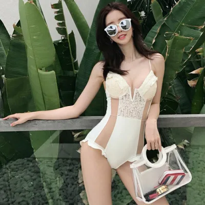 

South Korea New Style Sexy Bathing Suit Women's One-piece Triangular Lace Underwire Push up Conservative Slimming Belly Covering