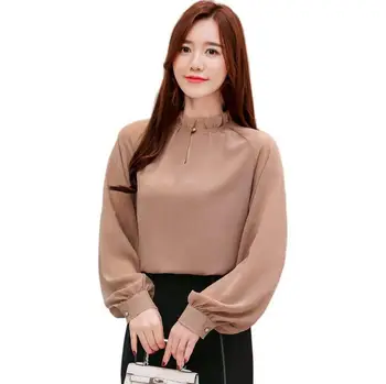 

2020 spring women chiffon blouses blusas mujer de moda female OL work Stand Solid Lantern Sleeve shirt top r2442