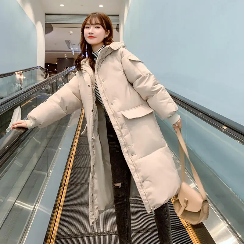 Creamy-white Parkas 3XL Long Down Cotton Coat Women Clothes Loose Parka Warm Black Winter Jacket Padded Solid Hooded Pocket Winter Coat Women Q2110 - Цвет: Creamy-white Parkas
