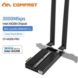 Placa de computador sem fio intel ax200 pro card 802.11ax 3000g/5ghz, banda dupla pcie 2.4 mbps, bluetooth 5.1, adaptador pci express 6 e wifi