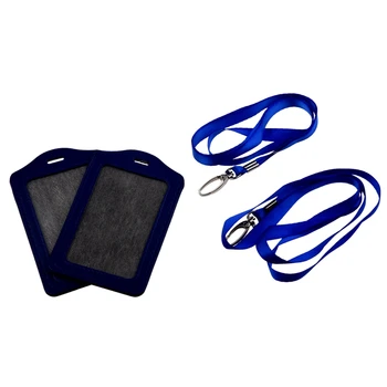 

Blue Faux Leather Badge ID Card Vertical Holders Neck Strap 2 Pcs