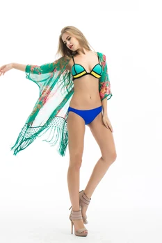 

2020 Sexy Women Beach Floral Print Green Color Sundress Evening Party Tassels Short Mini Dress Summer Women Beachwear Cover-Ups