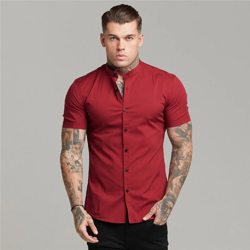 Camisa de manga corta para hombre, camisa de Fitness sólida, cuello levantado, ajuste súper Delgado, vestido negocios, Tops de gimnasio con botones, novedad de verano|Camisas de vestir| - AliExpress