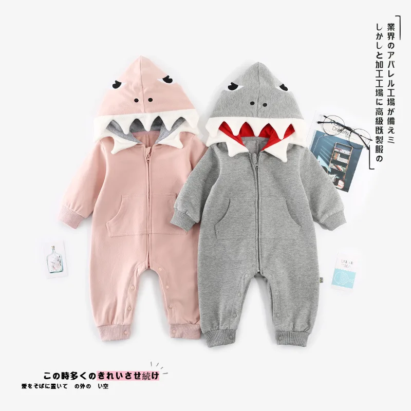 

2018 Autumn New Style Clothes for Babies Cartoon Shark Hooded Romper INS Autumn Baby Pocket One-piece Crawling Clothes