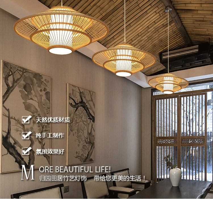 New Chinese Style Zen Chandelier Japanese Style Restaurant Light Single-head Bar Counter Bamboo Weaving UFO Lamps Balcony Lanter