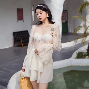 

Swimsuit Girl Monokini Swimsuits Closed Woman Swim Suits Push Up Fan Cover Skirt Restoring Ancient Lace Polyester Solid