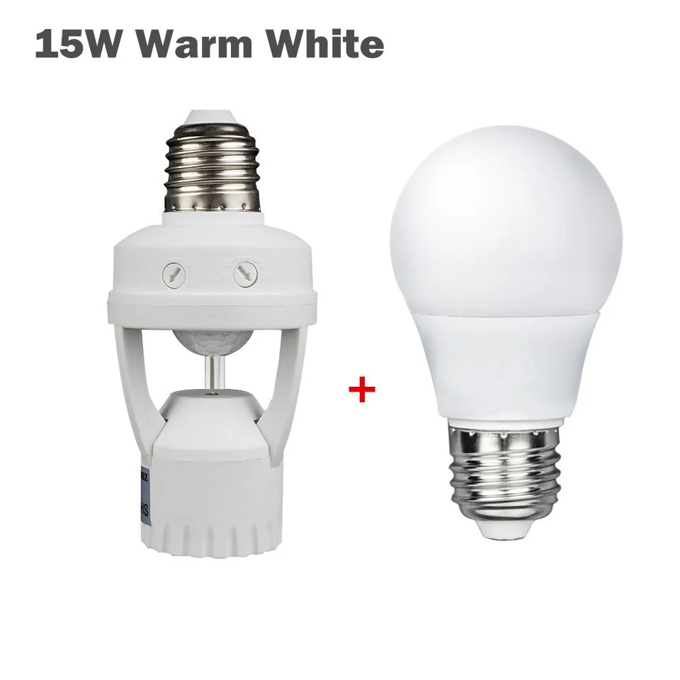 with 15W Warm White Супер яркий 15 Вт 220 В E27 светодиодная лампа+ лампа адаптер держатель лампы PIR датчик движения держатель лампы Bombilla Led 220 В E27 датчик - Испускаемый цвет: with 15W Warm White