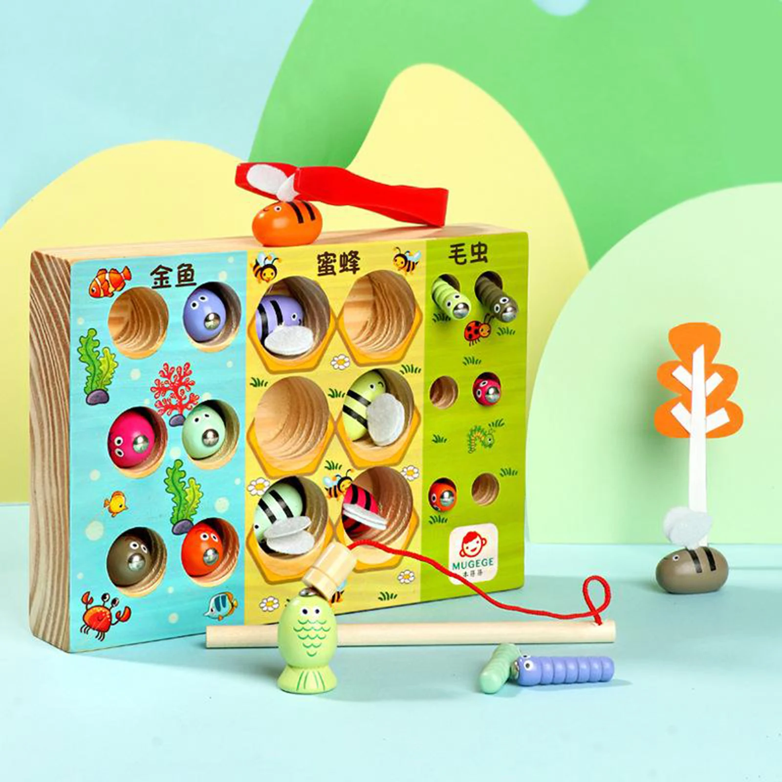 Wooden Toys Puzzle Early Childhood Educational Toys Fishing Catch Worm Bees Game Magnetic Fish Toy