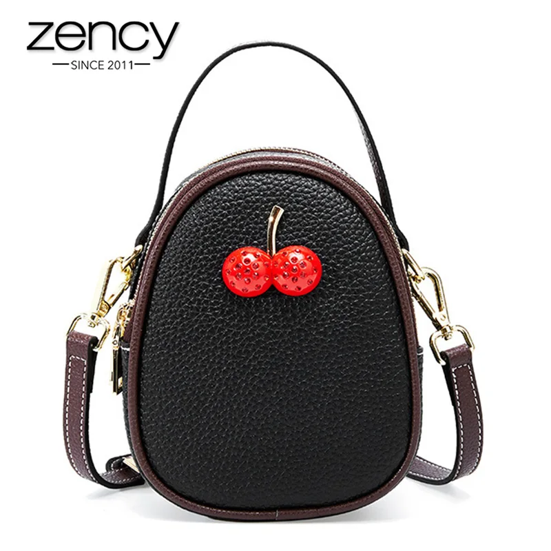 

Zency 3 Zippers Opening Women Tote Handbag 100% Genuine Leather Cherry Panelled Fashion Crossbody Bag High Quality Small Flap