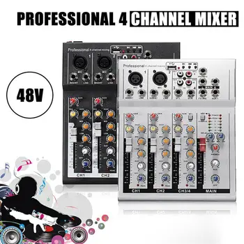 

Mini Karaoke Audio Mixer Amplifier Professional Microphone US Plug Black Mixing Sound Console 4 Channel USB 48V Phantom Power F4
