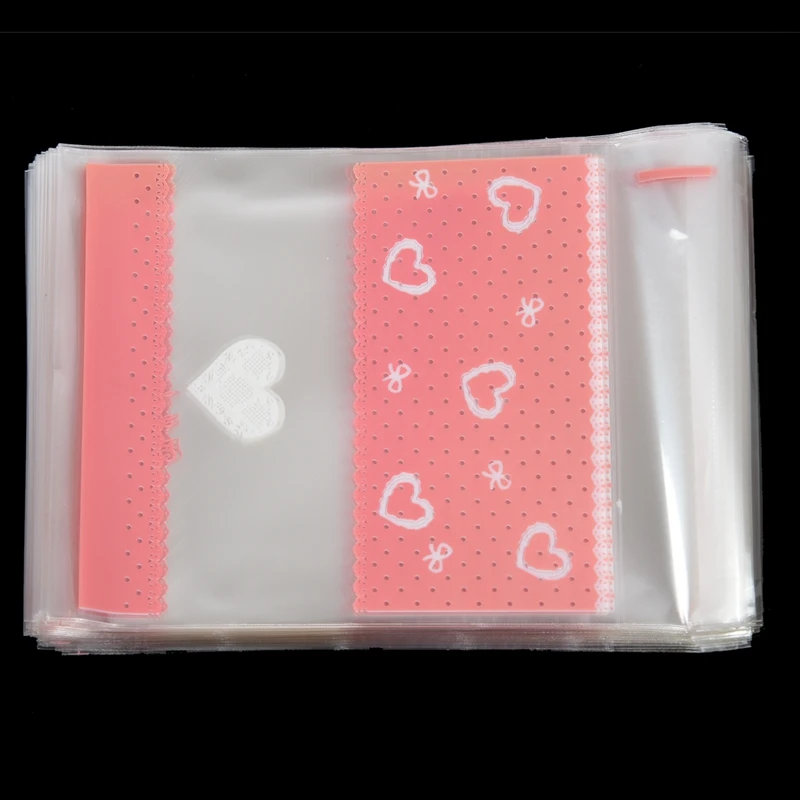 100 шт., милый бант, ОПП, самоклеющиеся, для печенья, пекарни, конфет, печенья, обжарки, подарок, сделай сам, пластиковый пакет(сердце+ кружево, Дези