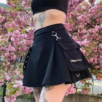 

Women Gothic Vintage Strap Punk Pleated Black Pocket Short Mini A-Line Skirt Youth Vitality Fashion Trendy Girl Clothing