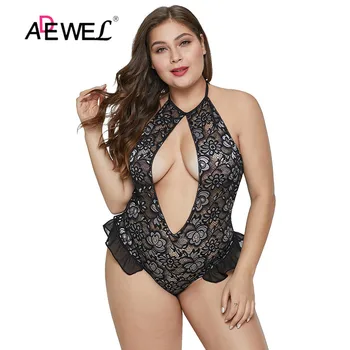 

ADEWEL Halter Hollow-out Front Floral Plus Size Teddy Lingerie Ladies V Neck Sexy Women Overalls Plus Size Transparent Rompers