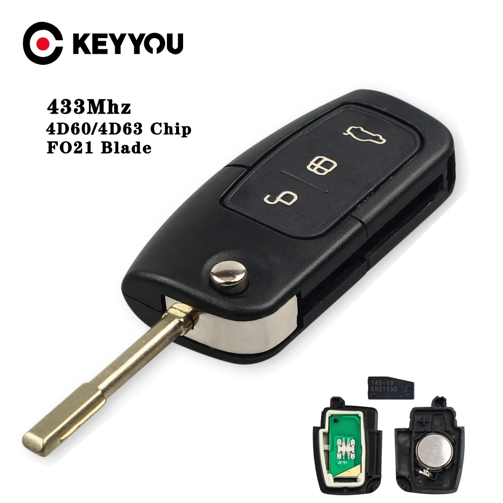 Ключ KEYYOU с 3 кнопками 433 МГц чип 4D60 дистанционный ключ для автомобиля Ford Fusion Focus Mondeo