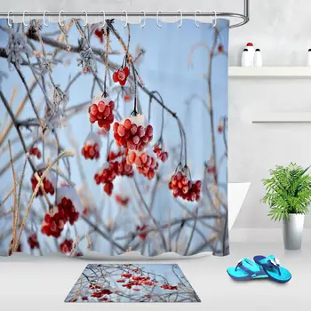 

Winter Christmas Red Fruit Frost Shower Curtain with 12 Hooks & Mat Accessory Sets Bathroom Waterproof Fabric For Bathtub Decor