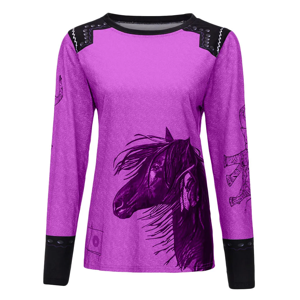 vintage mujer T-shirt Fashion Women Casual O-Neck Horse Print plus size lady T-shirt Long Sleeve Slim Tops korean style#301107