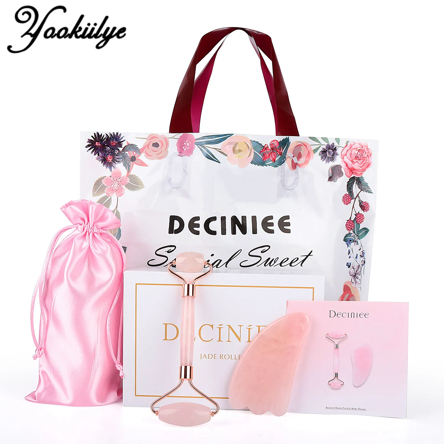 Jade-Roller Face-Massager Gift Rose Quartz Deciniee Natural Slimming Gua with Bag-Box