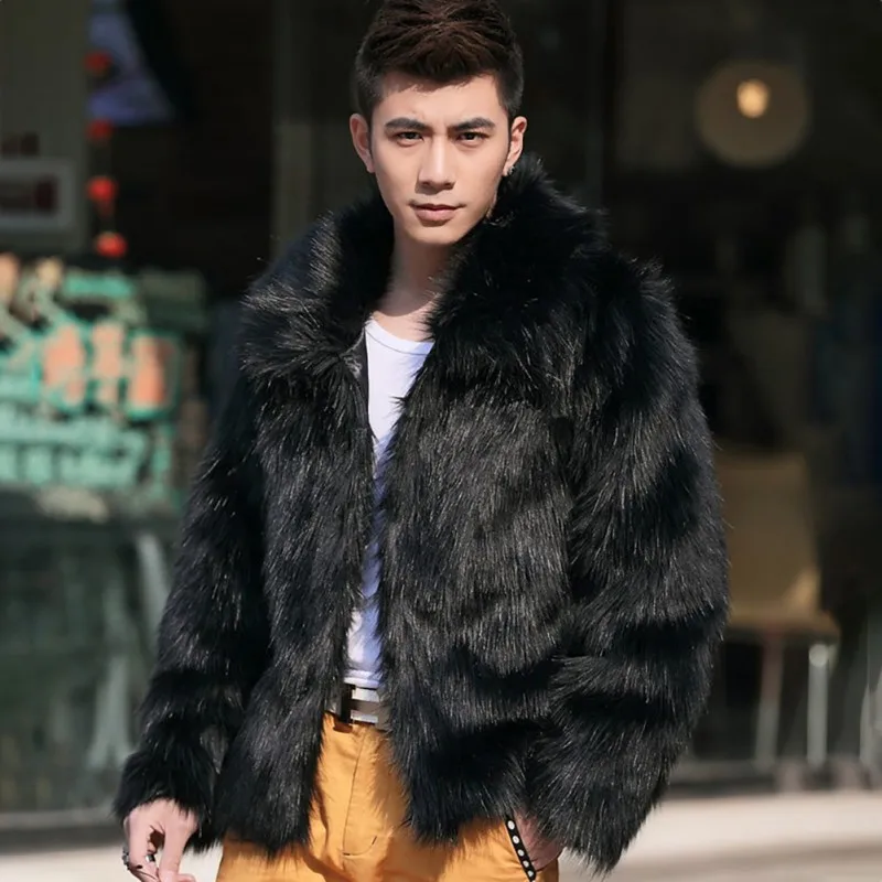 Мужская одежда, пальто из искусственного меха с длинным рукавом и отложным воротником, меховое пальто, зимняя теплая верхняя одежда, модное меховое пальто - Цвет: Черный