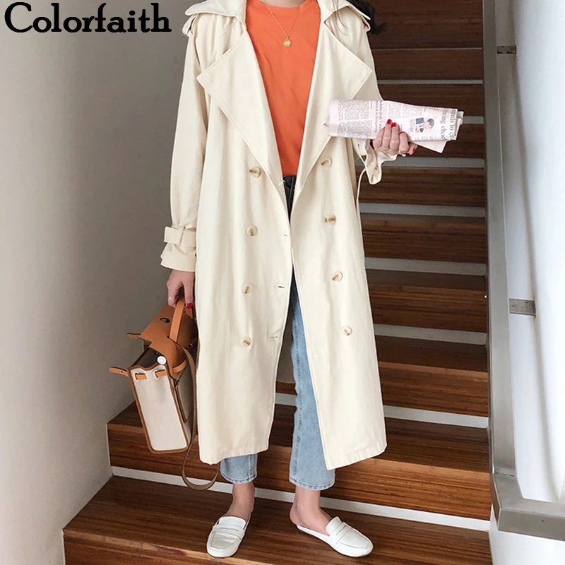 

Colorfaith New 2019 Autumn Winter Women Trench Sashes Lace Up Double Breasted Fashionable Office Lady Korean Style Elegant Casual Long Coat Outerwear JK1070