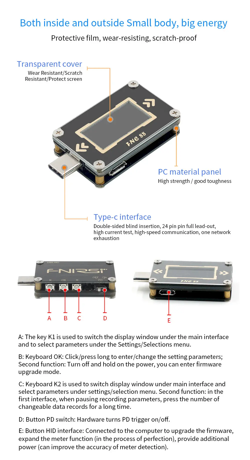 FNC88 тип-c PD триггер USB-C Вольтметр Амперметр Напряжение 2 способ измеритель тока мультиметр PD зарядное устройство батарея USB Тестер