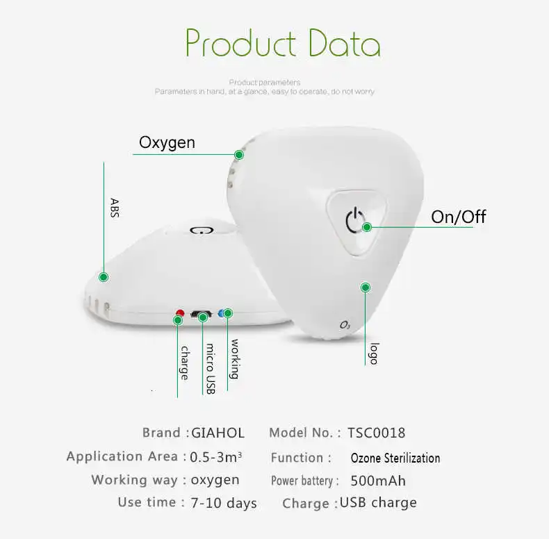 GIAHOL 500mAh USB Перезаряжаемый Мини Портативный озоновый очиститель воздуха генератор печатающая головка для принтера холодильник стерилизатор освежитель воздуха