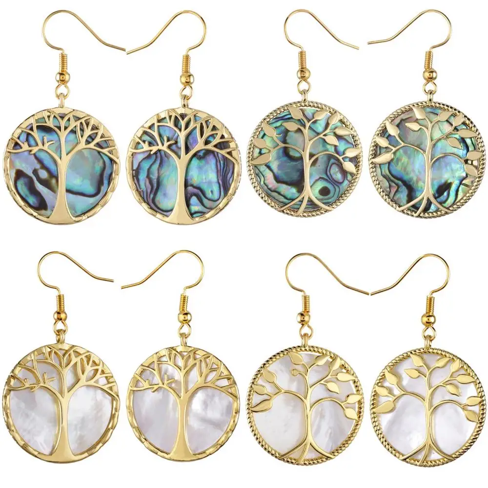 

TUMBEELLUWA Natural Abalone Shell Gold Plated Tree of Life Charm Dangle Earrings for Women Round Drop Pendants Jewelry 1.77''