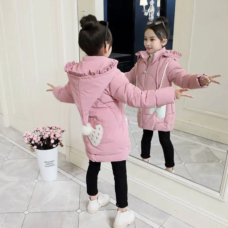 Strawberry-pink Пуховики для девочек; теплая верхняя одежда для маленьких мальчиков; плотные пальто; ветрозащитные детские зимние куртки; детская зимняя верхняя одежда с героями мультфильмов - Цвет: Strawberry-pink