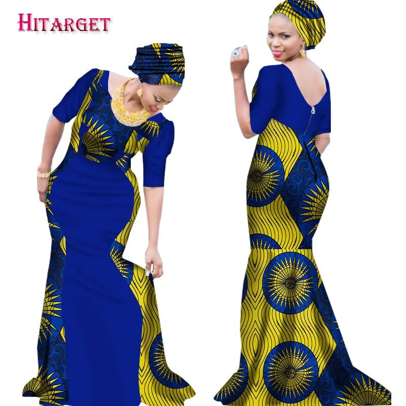 Новое платье Bazin Riche в африканском стиле для женщин, с принтом, с v-образным вырезом, платье русалки с галстуком на голову, Дашики, африканская одежда WY1645 - Цвет: 25