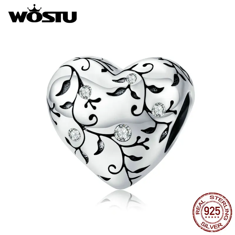 

WOSTU Real 925 Sterling Silver Heart Beads Flower Retro Patterns Charms Pendant Fit Original Bracelet Silver 925 Jewelry FIC1323