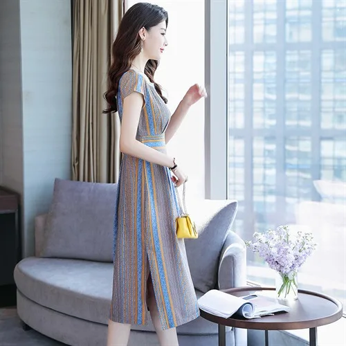 

Hot Selling 2019 Summer New Style Korean-style Dress Women's Dress Elegant Mid-length Waist Hugging Short Sleeve Striped Skirt