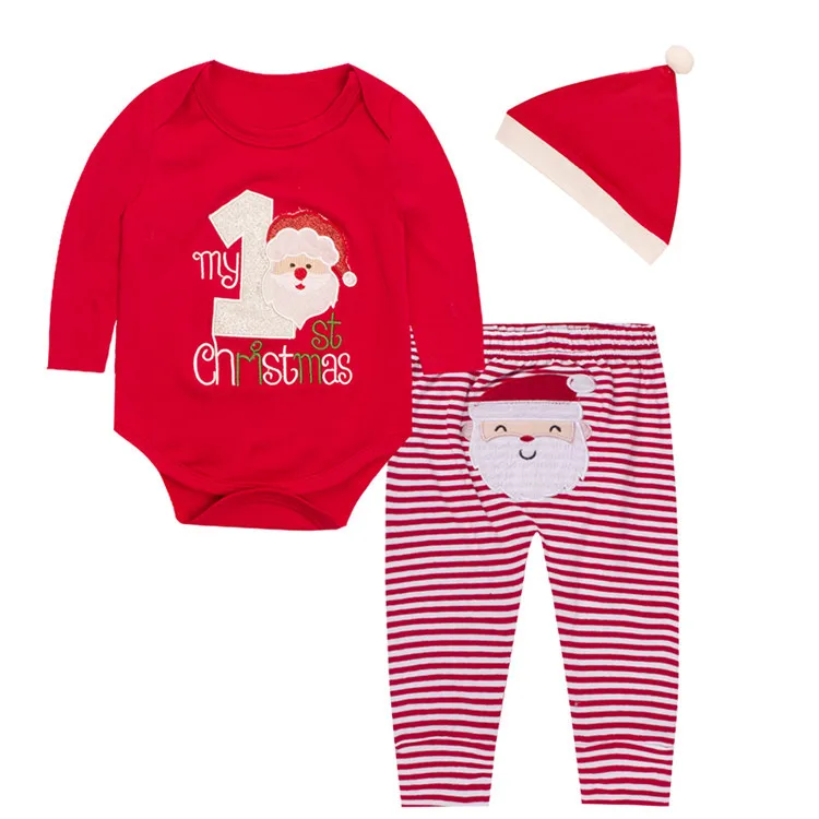My First Christmas Baby Boy Girl Warm Romper Pants Santa Hat Outfits Set Clothes