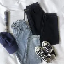 Осень-зима, мягкие винтажные Джинсы бойфренда для женщин,, эластичные, с высокой талией, синие, черные джинсы, Harajuku, длинные джинсовые штаны