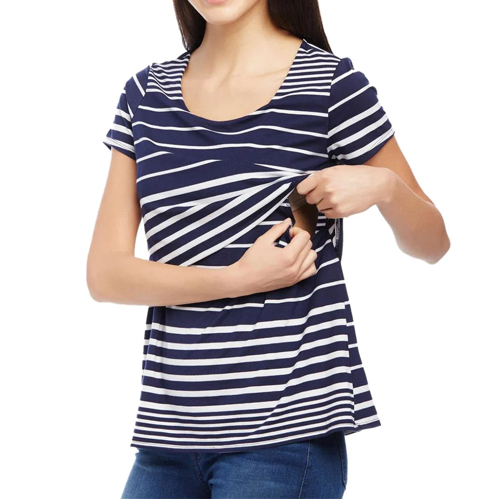 Одежда для беременных с круглым вырезом и короткими рукавами; рубашка в полоску с принтом для беременных; блузка для кормящих матерей; Ropa Embarazada