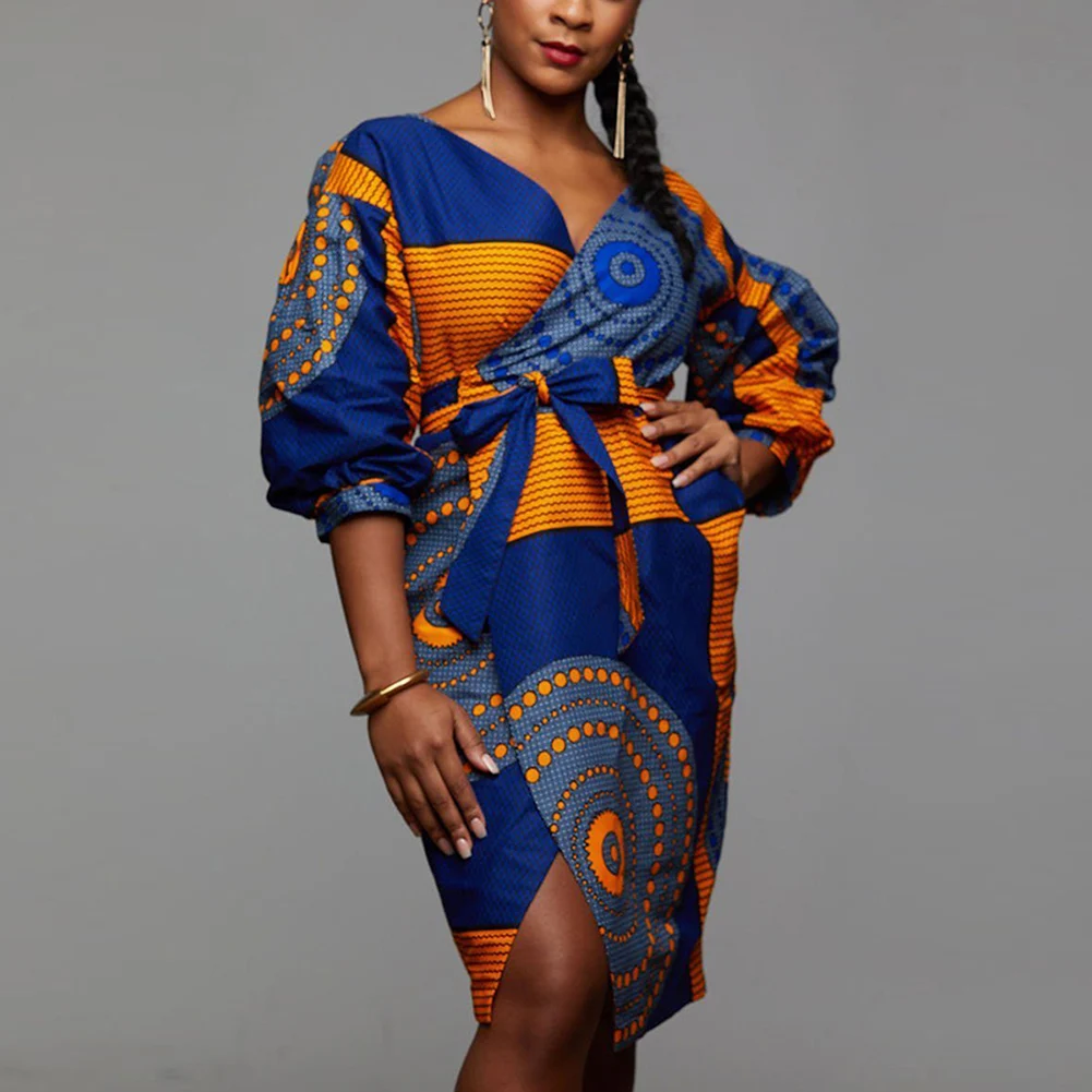 2019 африканская одежда для женщин платье Дашики с рукавами фонариками