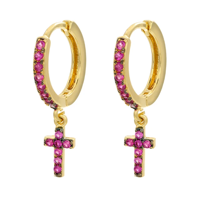 ZHUKOU 2021 NEW Gold/Silver color small hoop Earrings crystal mini cross hoop earrings for women Fashion jewelry wholesale VE355 gold rose red
