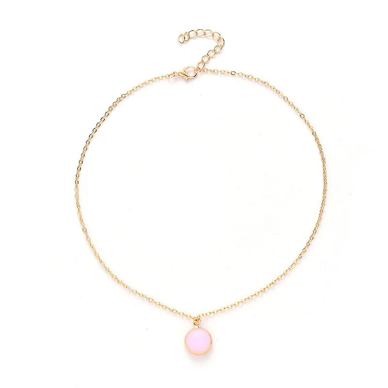 

New Fashion Simple Pink Stone Pendant Necklace Charms Women Gold Silver Chain Choker Necklace Collar Jewelry
