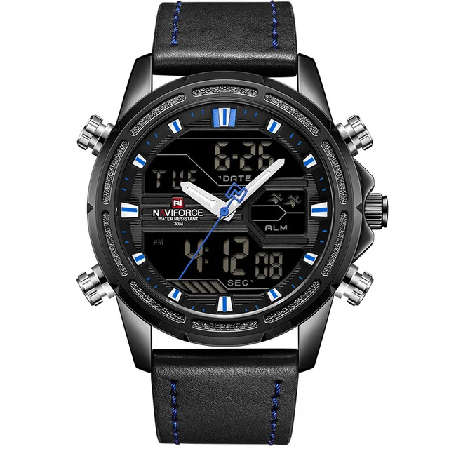 black blue Топ люксовый бренд часы мужские NAVIFORCE модные спортивные часы мужские Цифровые кварцевые часы кожа военные водонепроницаемые наручные часы - Цвет: black blue