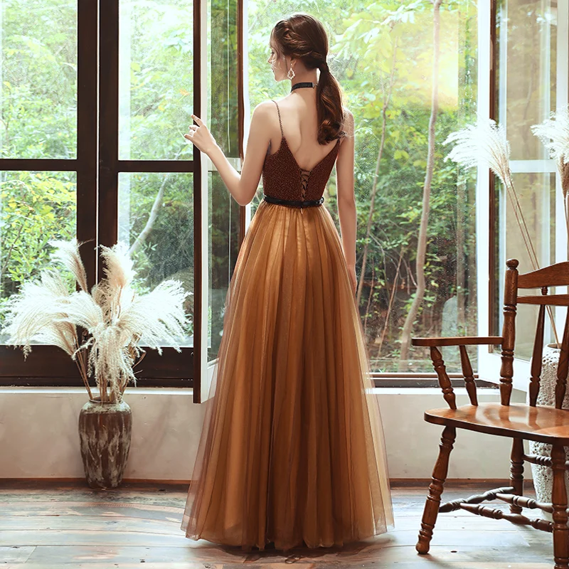 Ssyfashion New Simple Coffee Color Evening Dress Sexy V Neck Spaghetti Strap Floor Length Long Prom Formal Gown Robe De Soiree Aliexpress Weddings Events