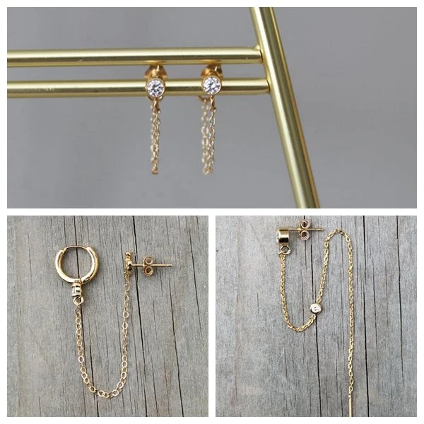 CANNER 925 Sterling Silver Ear Jewelry Crystal Zircon Stud Earrings for Women Gold Rainbow Moon CZ Chain Earring