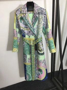 

High End Autumn and Winter New Women Retro Printed Belt Waist Lapel Long Sleeve Mid-length Windbreaker Jacket Coats