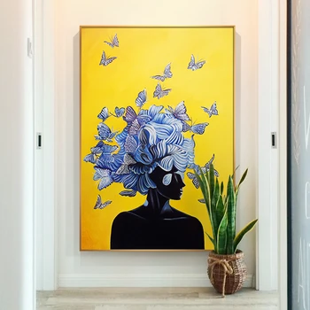 

Abstract Girl with Butterfly Nordic Canvas Painting Yellow Blue Poster and Print Wall Art for Living Room Home Decor (No Frame)