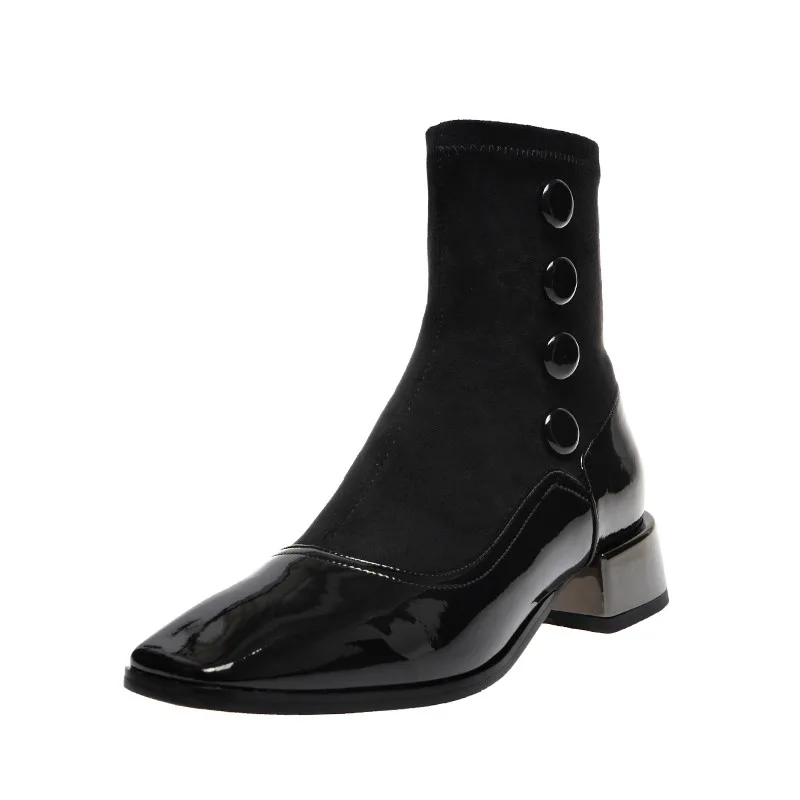 Черный MORAZORA New brand patent leather ankle boots low heel square toe black brown ladies shoes top quality winter women boots - Цвет: Черный